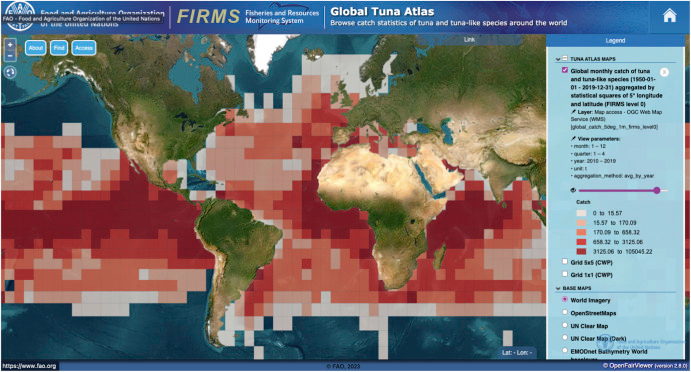FIRMS Global Tuna Atlas map, red across the tuna range including high seas