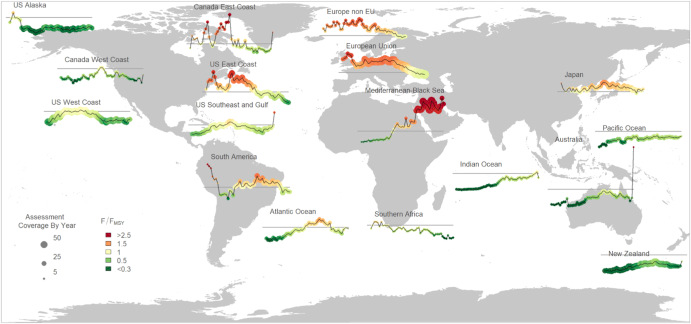 RAM Legacy stock assessment map, red concentrated in the Mediterranean and Black Sea