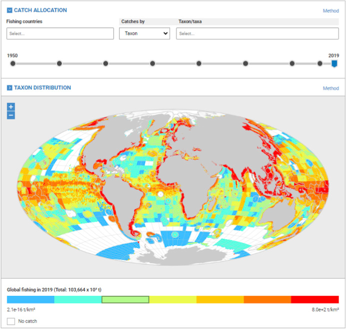 Sea Around Us spatial catch map, red along coastlines